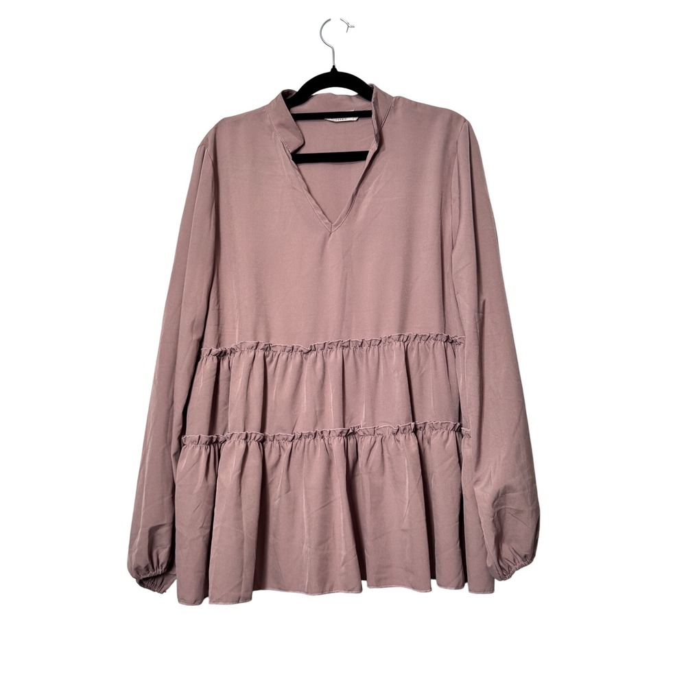 Anna-Kaci California Mauve Tiered Babydoll Blouse Long Sleeve‎ V-Neck Top Large